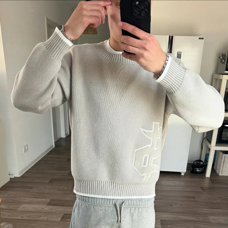 Suéter Y2K Gris con Patrón de Símbolos - Estilo Harajuku Hombre