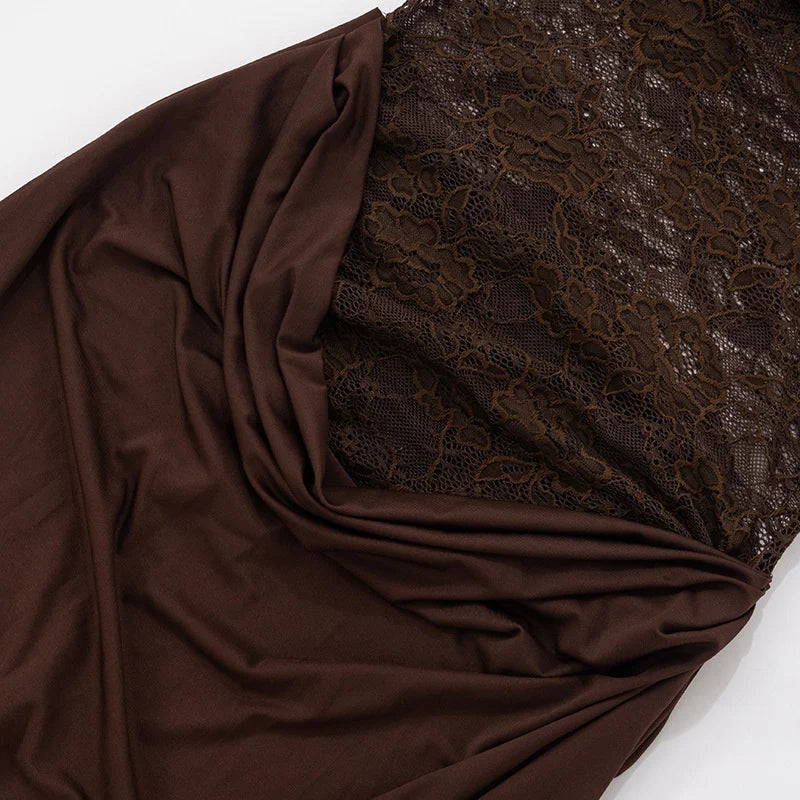 Vestido Maxi con Encaje Transparente - Un Hombro