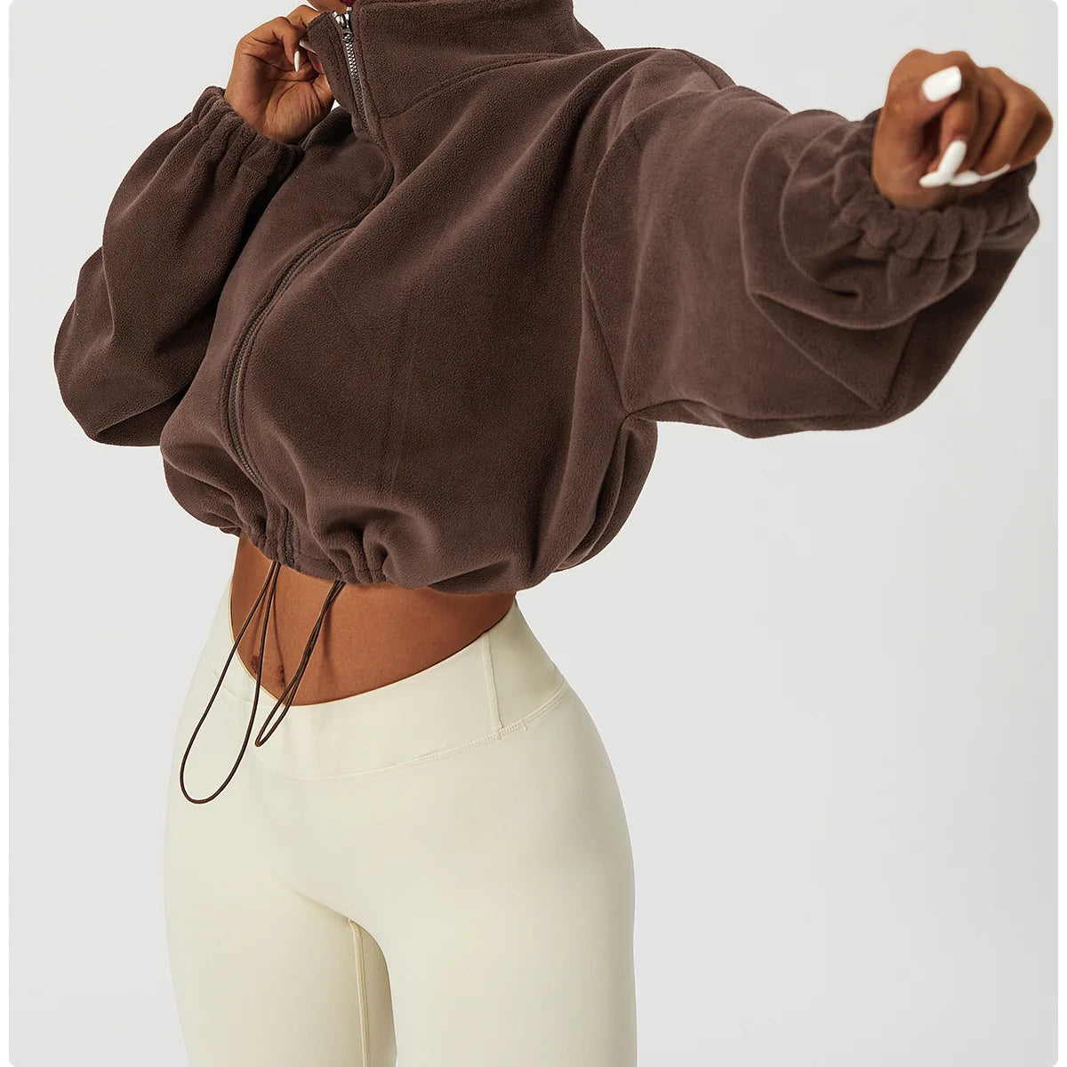 Sudadera Polar con Cremallera Crop - Cuello Alto y Agujeros para Pulgares