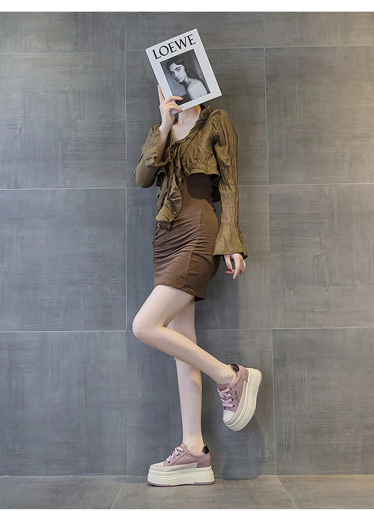 Zapatillas Plataforma Fujin 9cm Cuero Genuino - Sneakers Tacón Alto Mujer