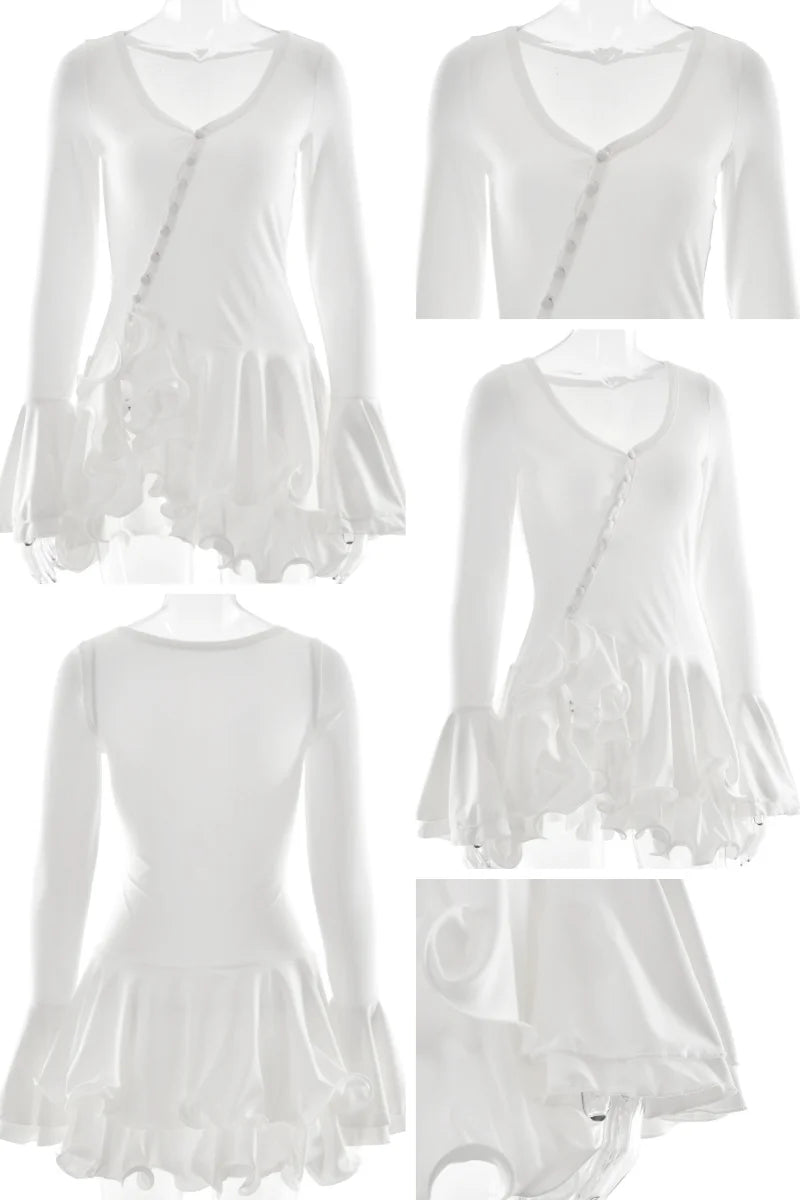 Vestido Mini Línea A con Volantes - Escote en V y Manga Larga