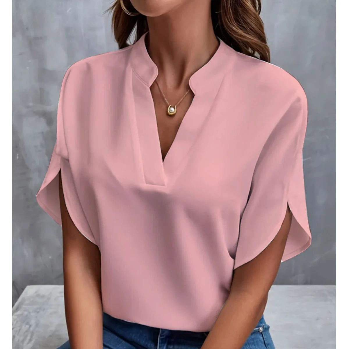 Camisa Verano Cuello V Manga Corta - Blusa Holgada Casual Mujer