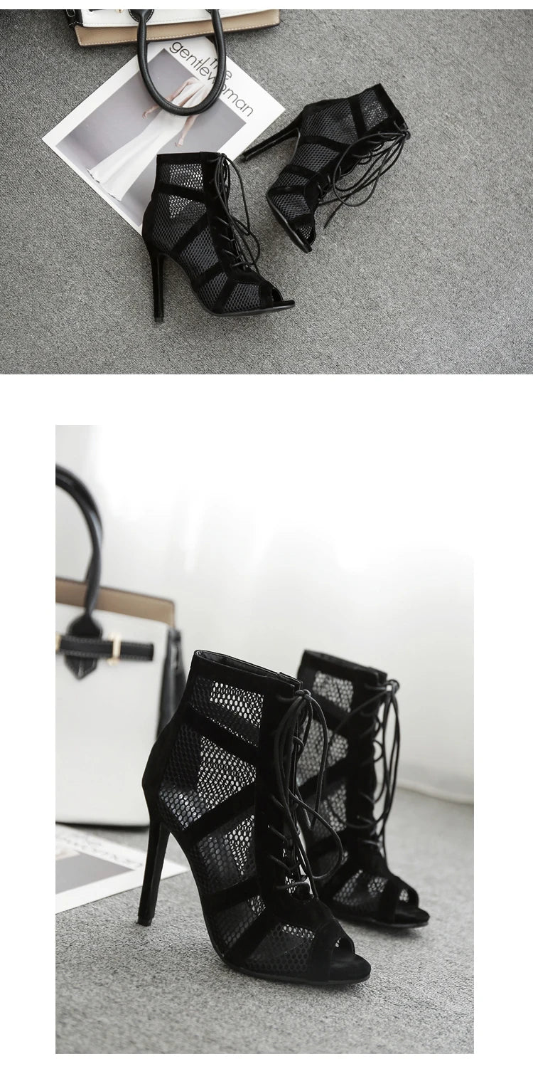 Sandalias Baile Cordones Cruzados - Tacón Fino Punta Abierta Sexy Mujer