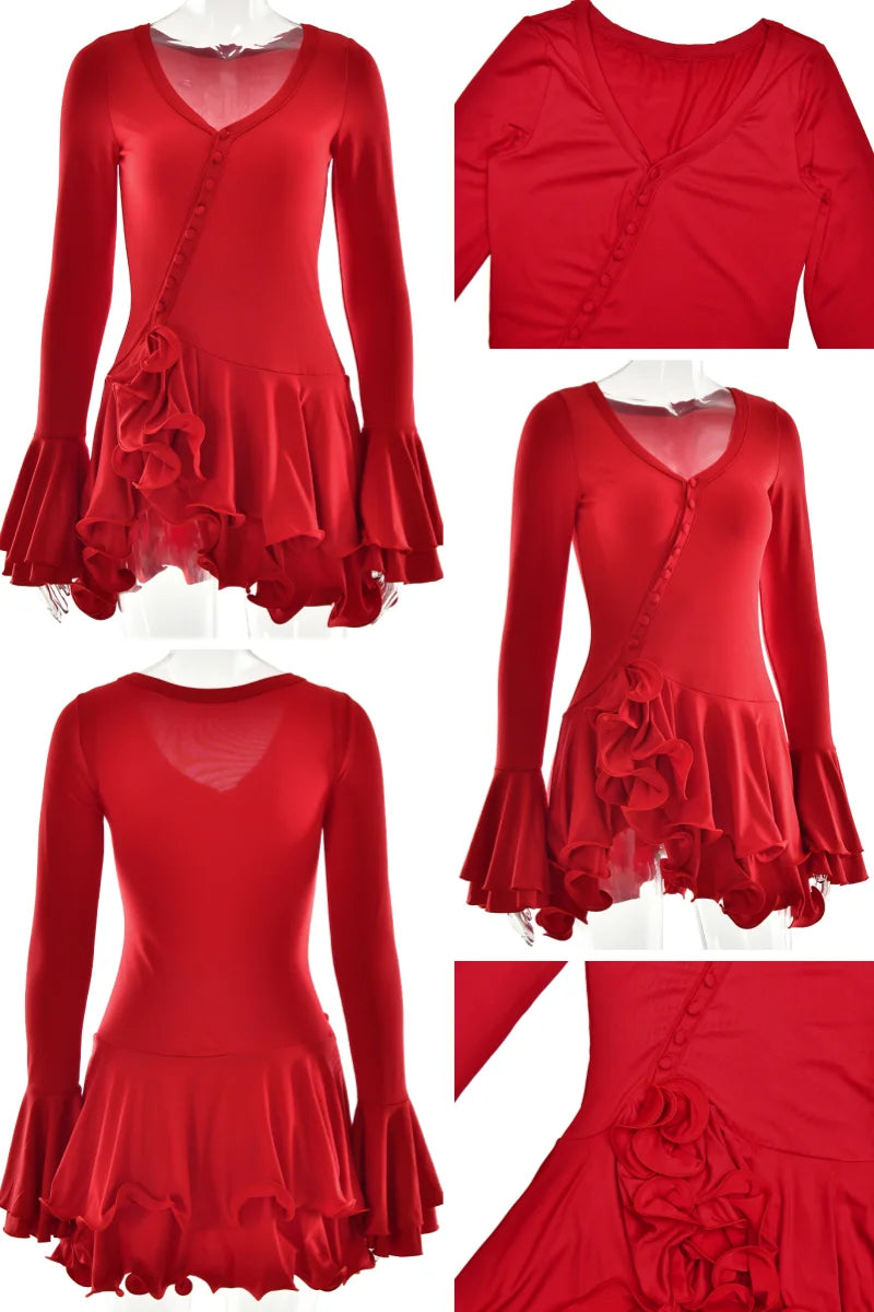 Vestido Mini Línea A con Volantes - Escote en V y Manga Larga