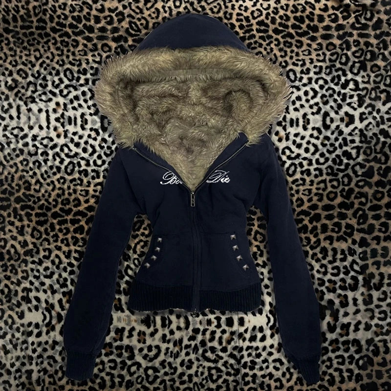 Sudadera con Cuello de Piel Sintética - Estilo Y2K Harajuku