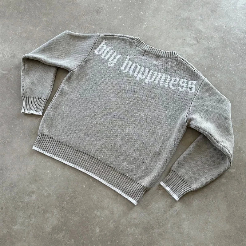 Suéter Y2K Gris con Patrón de Símbolos - Estilo Harajuku Hombre