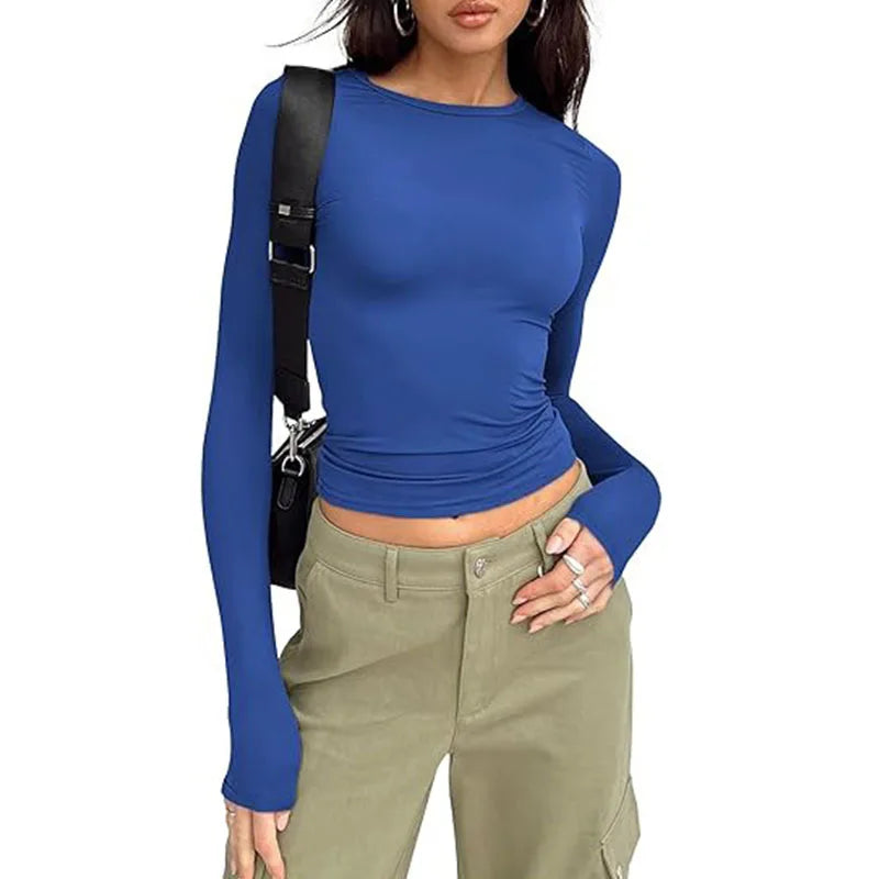 Camiseta Manga Larga Crop Top - Cuello Redondo Ajustada Streetwear Mujer