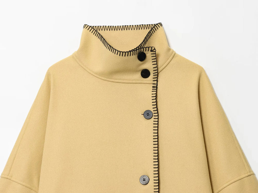 Women Faux Wool Jacket with Wide Shoulder Autumn Vintage High Neck Long Sleeve Button Lady Coats Causal Female Chic Tops
