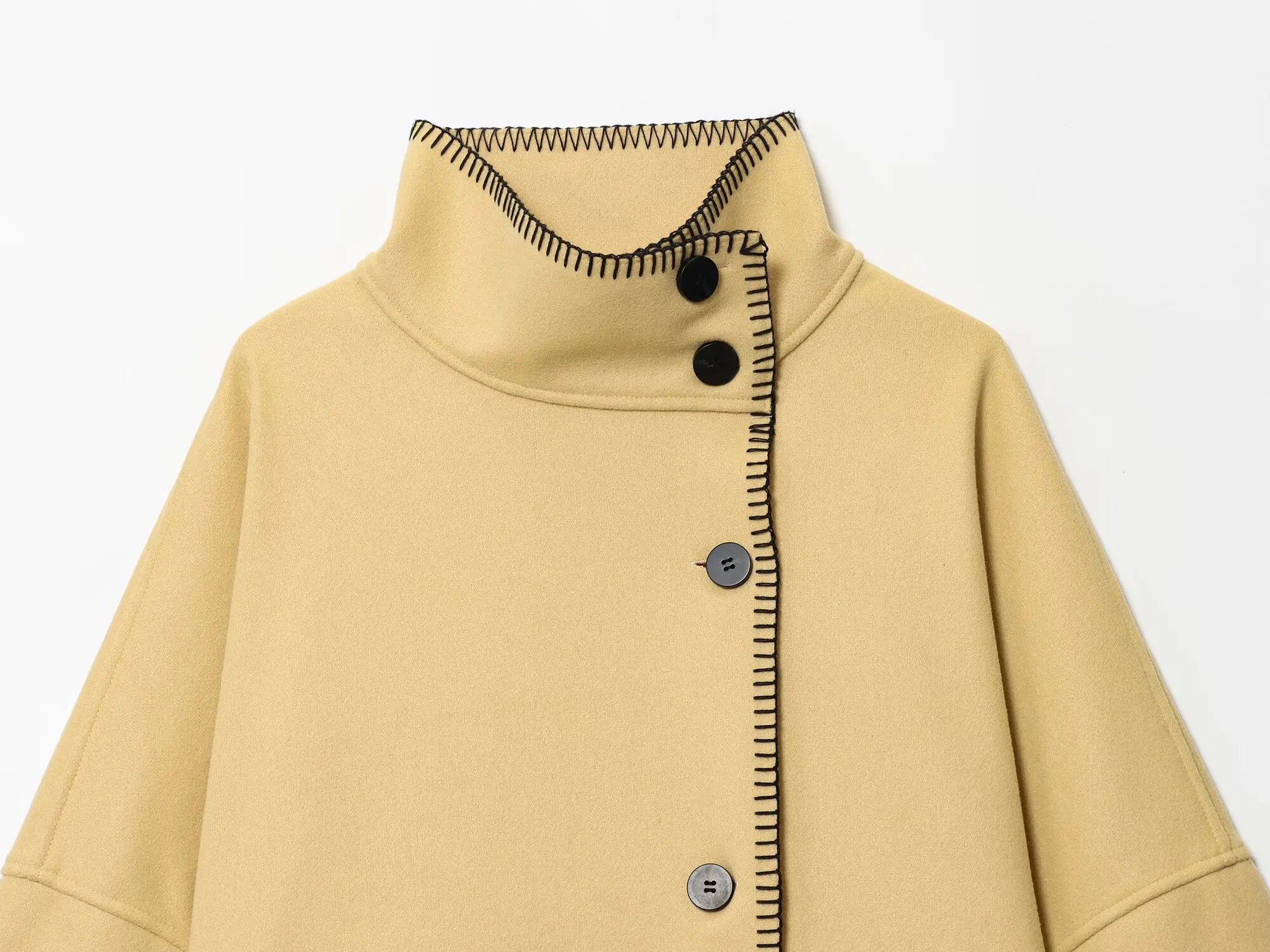 Women Faux Wool Jacket with Wide Shoulder Autumn Vintage High Neck Long Sleeve Button Lady Coats Causal Female Chic Tops