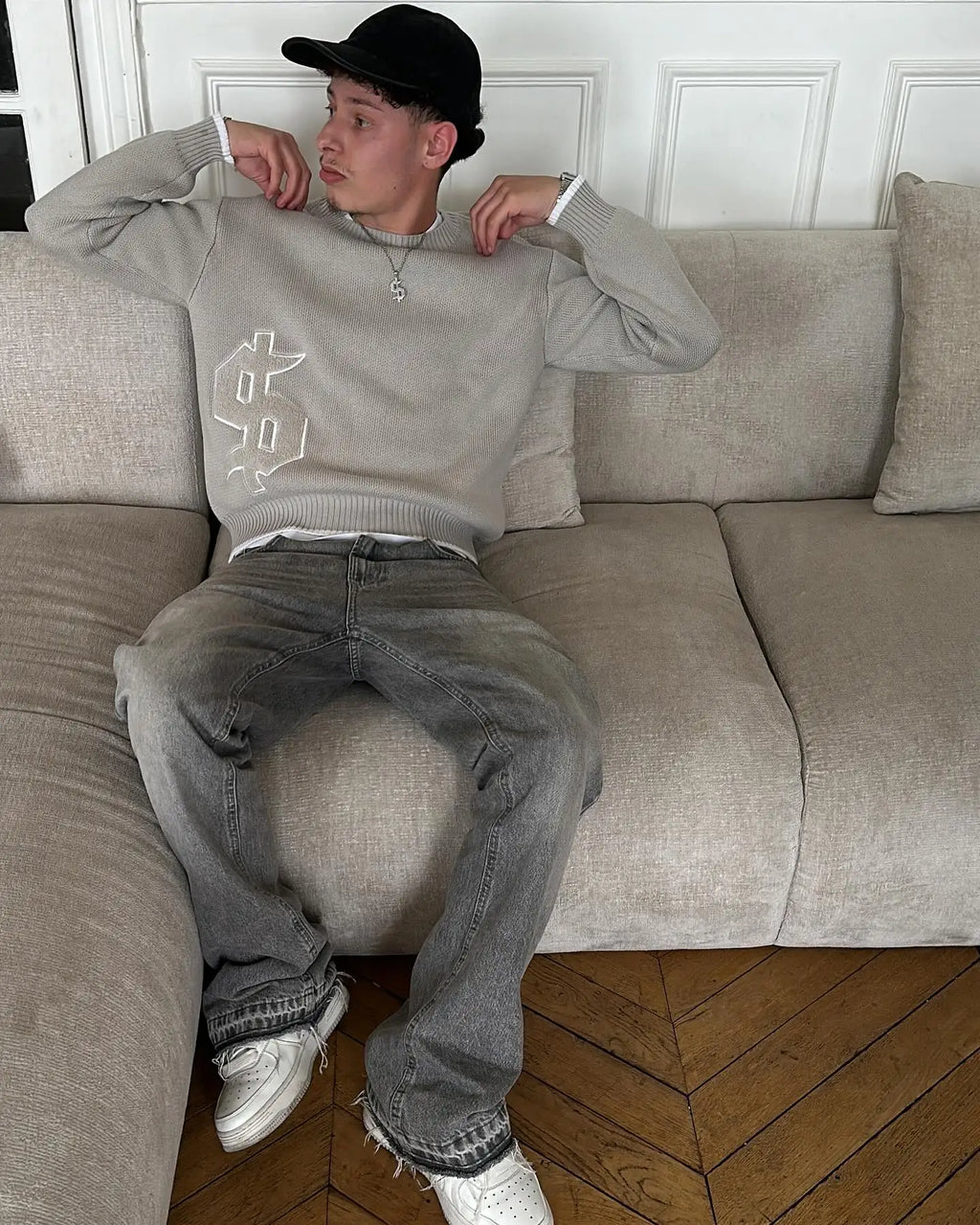 Suéter Y2K Gris con Patrón de Símbolos - Estilo Harajuku Hombre