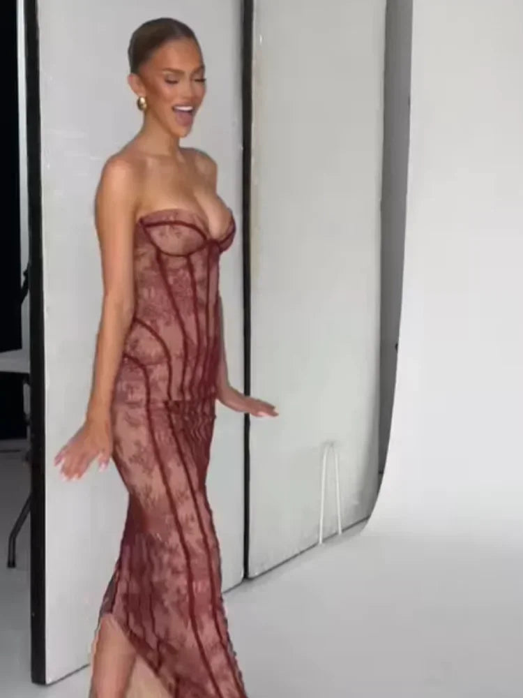 Vestido Maxi con Corsé de Gasa - Sin Tirantes