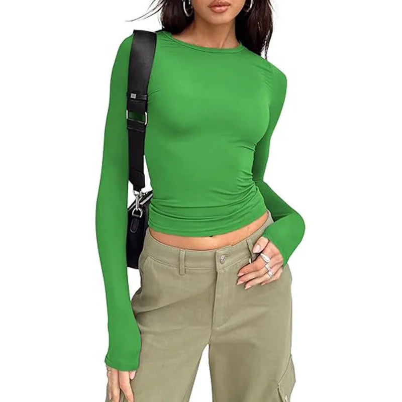 Camiseta Manga Larga Crop Top - Cuello Redondo Ajustada Streetwear Mujer
