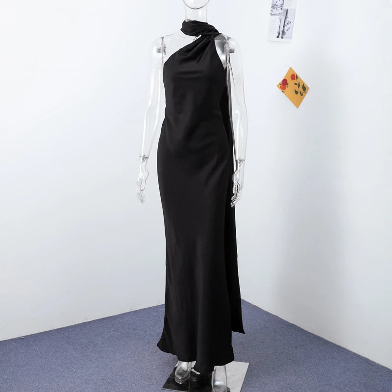 Vestido de Satén con Lazos - Cuello Halter y Espalda Descubierta