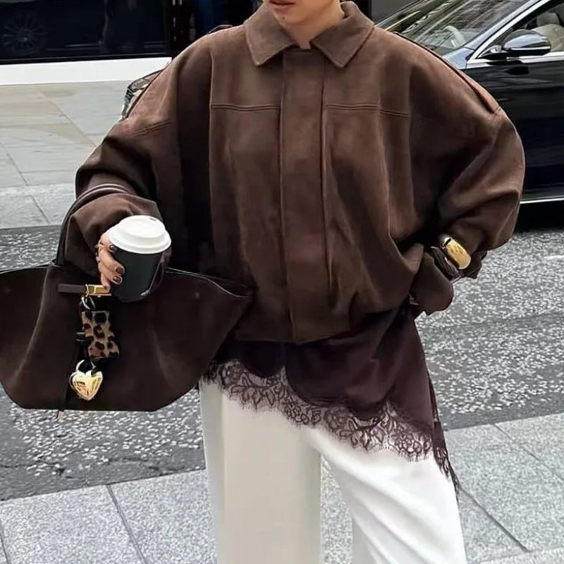 Chaqueta Suede Retro con Cremallera - Estilo Street Fashion Mujer