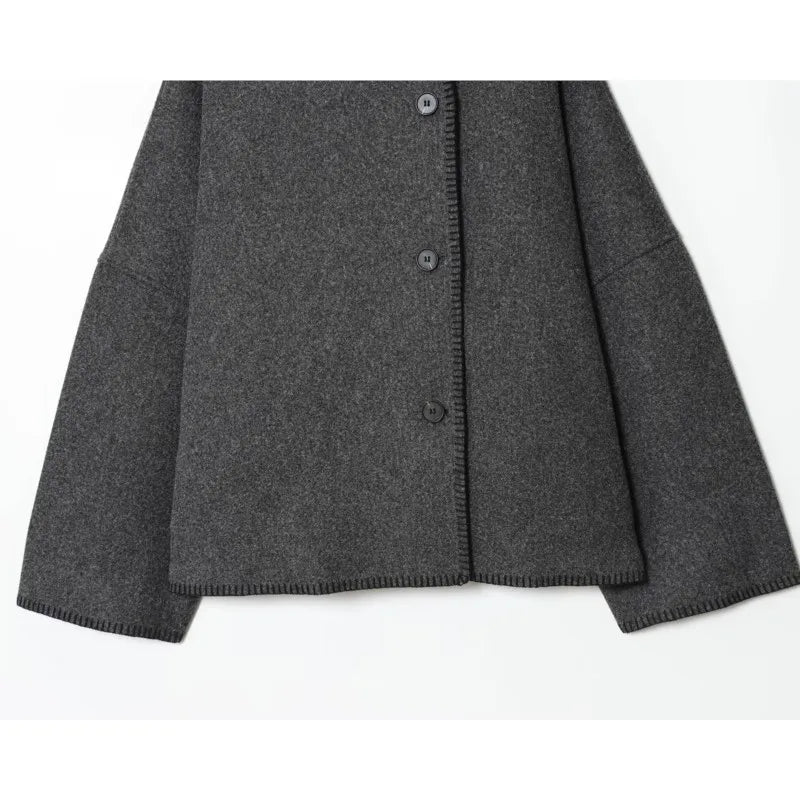 Women Faux Wool Jacket with Wide Shoulder Autumn Vintage High Neck Long Sleeve Button Lady Coats Causal Female Chic Tops